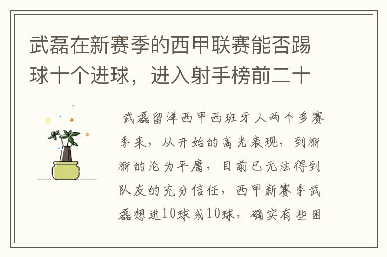 武磊在新赛季的西甲联赛能否踢球十个进球,进入射手榜前二十?