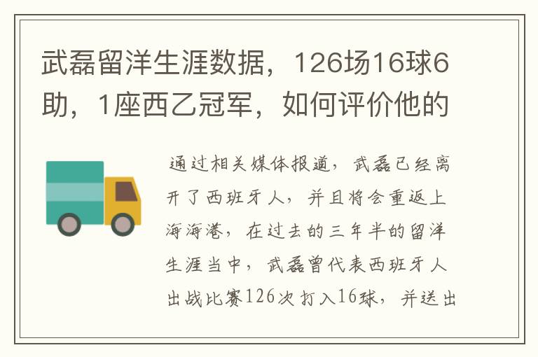 武磊留洋生涯数据,126场16球6助,1座西乙冠军,如何评价他的表现?