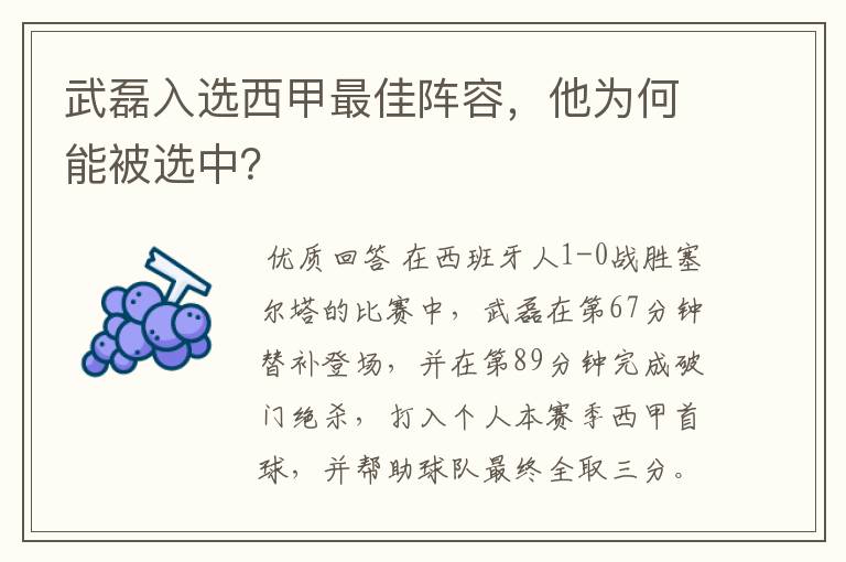 武磊入选西甲最佳阵容,他为何能被选中?
