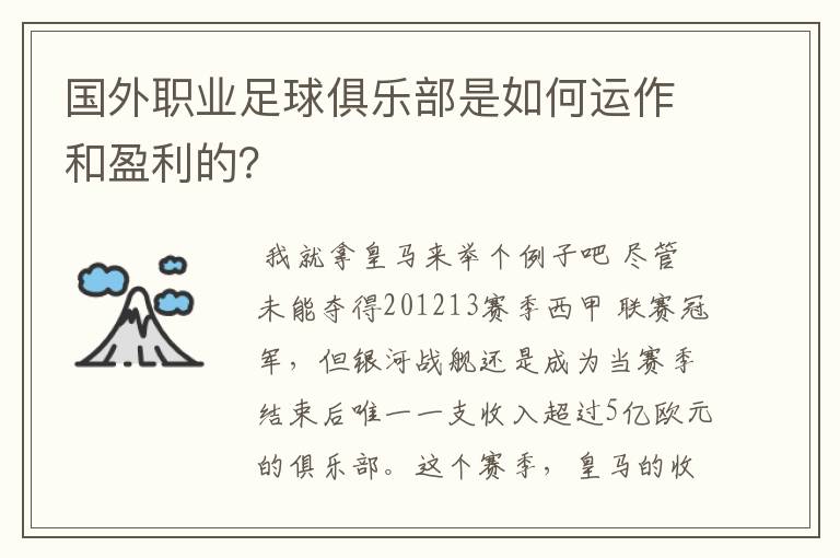国外职业足球俱乐部是如何运作和盈利的?