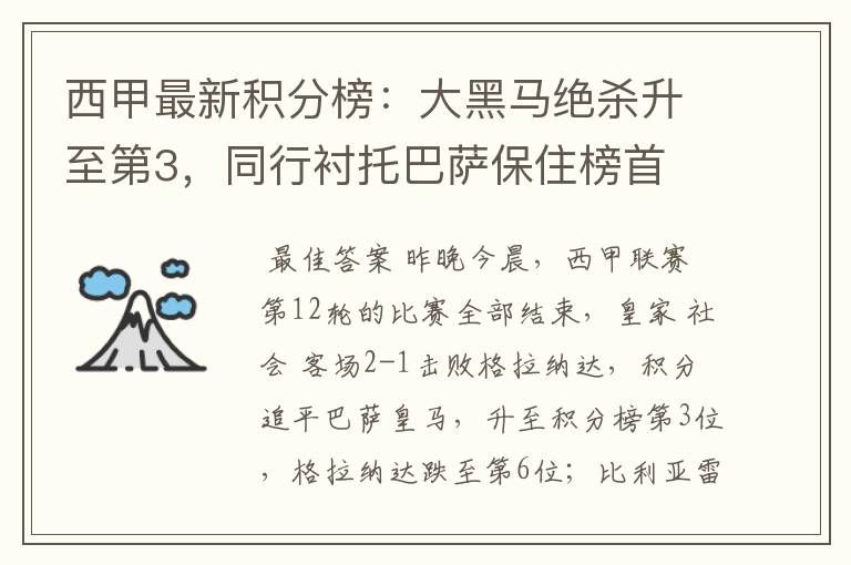 西甲最新积分榜:大黑马绝杀升至第3,同行衬托巴萨保住榜首