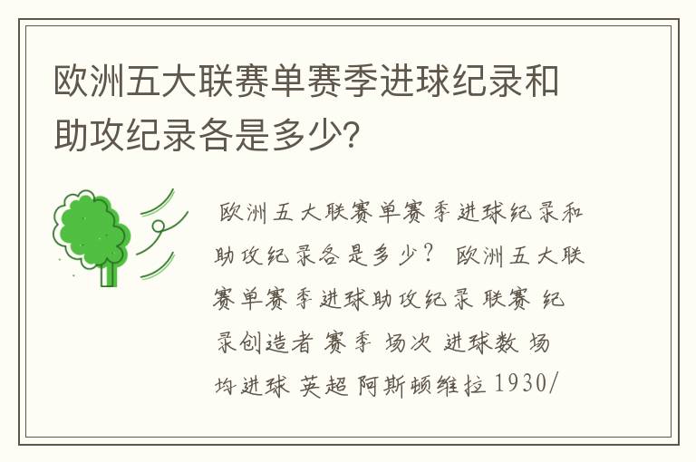 欧洲五大联赛单赛季进球纪录和助攻纪录各是多少?