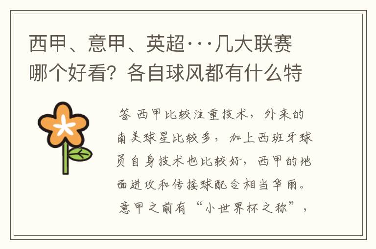 西甲、意甲、英超···几大联赛哪个好看?各自球风都有什么特征?
