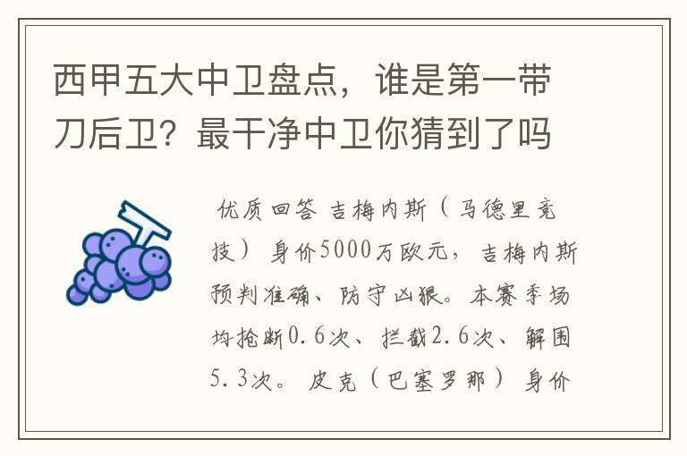 西甲五大中卫盘点,谁是第一带刀后卫?最干净中卫你猜到了吗?