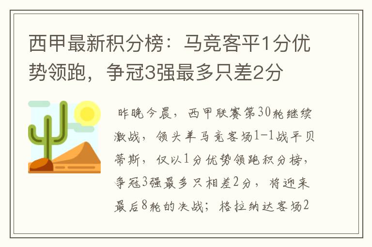 西甲最新积分榜:马竞客平1分优势领跑,争冠3强最多只差2分