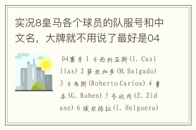 实况8皇马各个球员的队服号和中文名,大牌就不用说了最好是04赛季的