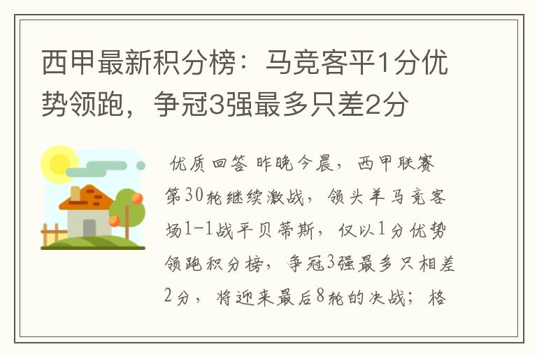 西甲最新积分榜:马竞客平1分优势领跑,争冠3强最多只差2分
