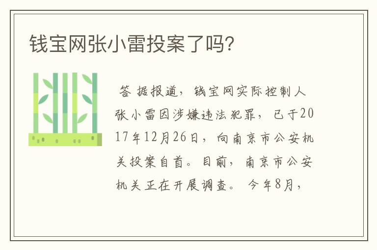 钱宝网张小雷投案了吗?