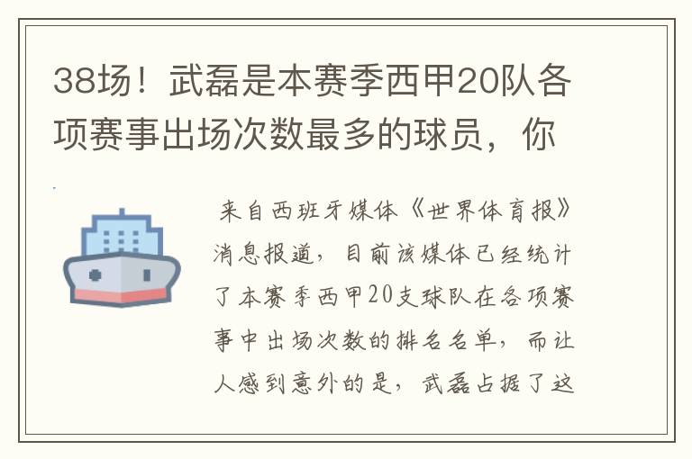 38场!武磊是本赛季西甲20队各项赛事出场次数最多的球员,你怎么看?