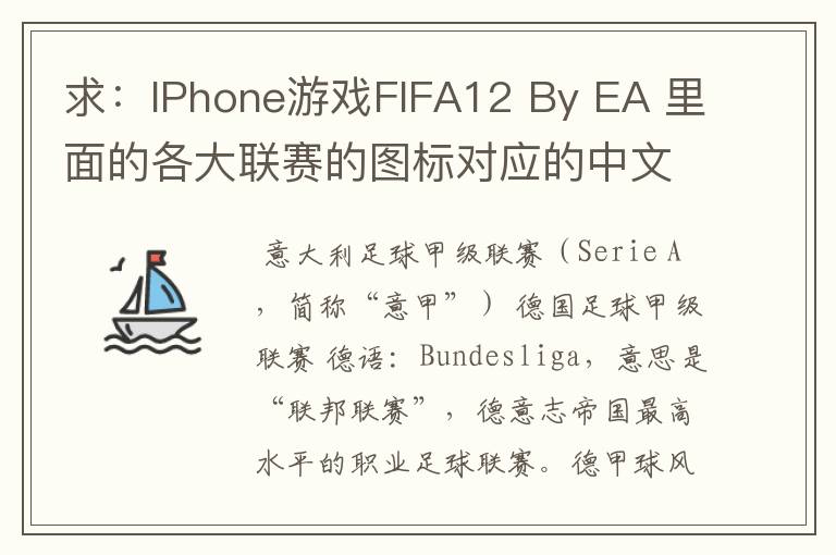 求:IPhone游戏FIFA12 By EA 里面的各大联赛的图标对应的中文名称 例如:Liga BBVA 西甲