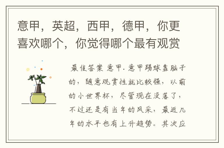 意甲,英超,西甲,德甲,你更喜欢哪个,你觉得哪个最有观赏性