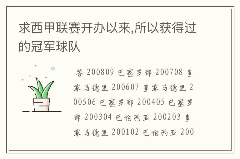 求西甲联赛开办以来,所以获得过的冠军球队