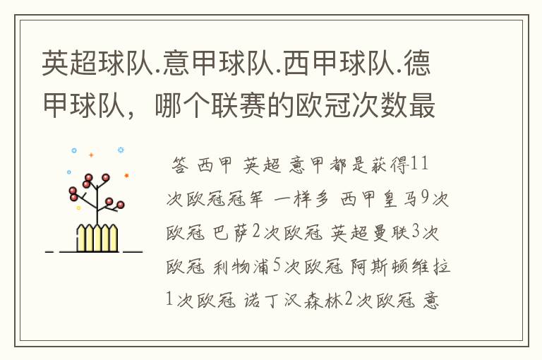英超球队.意甲球队.西甲球队.德甲球队,哪个联赛的欧冠次数最多?怎么个情况