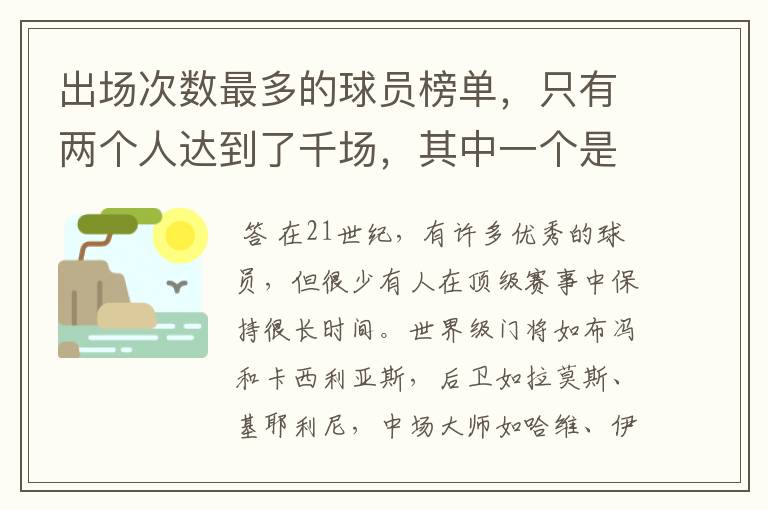 出场次数最多的球员榜单,只有两个人达到了千场,其中一个是C罗