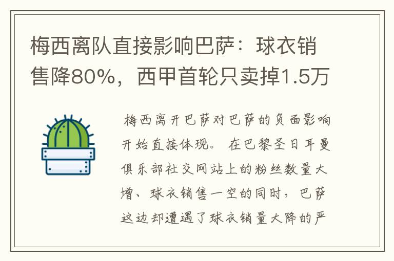 梅西离队直接影响巴萨:球衣销售降80%,西甲首轮只卖掉1.5万球票