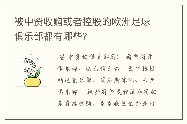 被中资收购或者控股的欧洲足球俱乐部都有哪些?