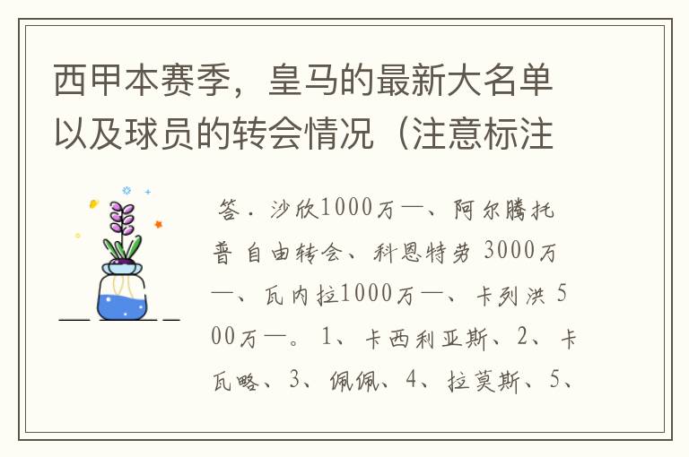 西甲本赛季,皇马的最新大名单以及球员的转会情况(注意标注球员身价)