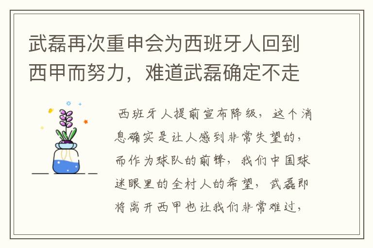 武磊再次重申会为西班牙人回到西甲而努力,难道武磊确定不走了?