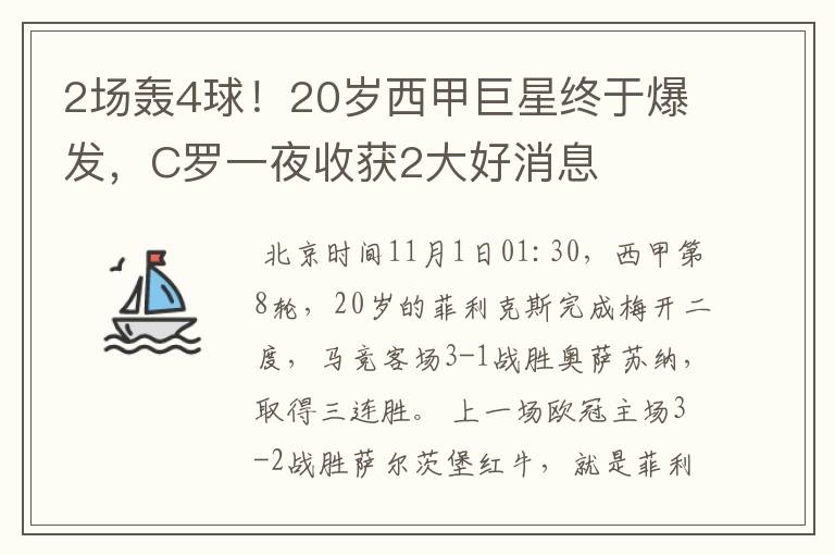 2场轰4球!20岁西甲巨星终于爆发,C罗一夜收获2大好消息
