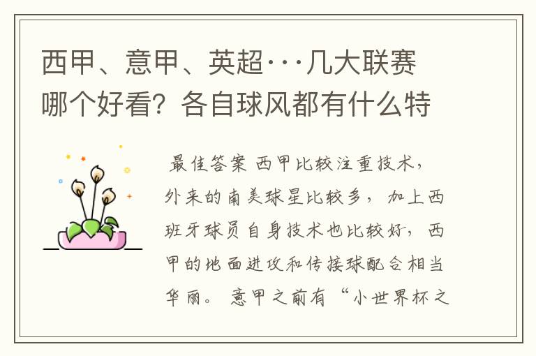 西甲、意甲、英超···几大联赛哪个好看?各自球风都有什么特征?