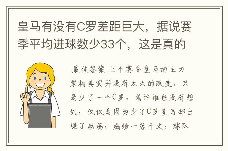 皇马有没有C罗差距巨大,据说赛季平均进球数少33个,这是真的吗,你怎么看?