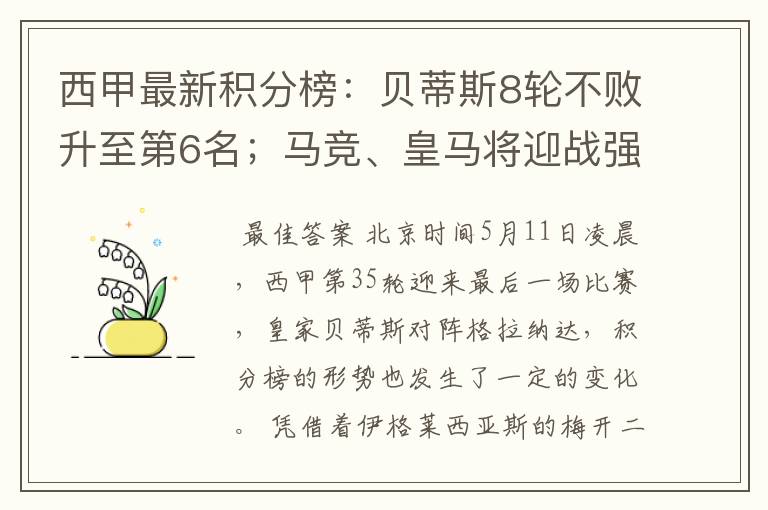 西甲最新积分榜:贝蒂斯8轮不败升至第6名;马竞、皇马将迎战强敌