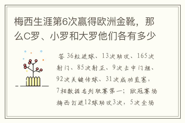 梅西生涯第6次赢得欧洲金靴，那么C罗、小罗和大罗他们各有多少次？