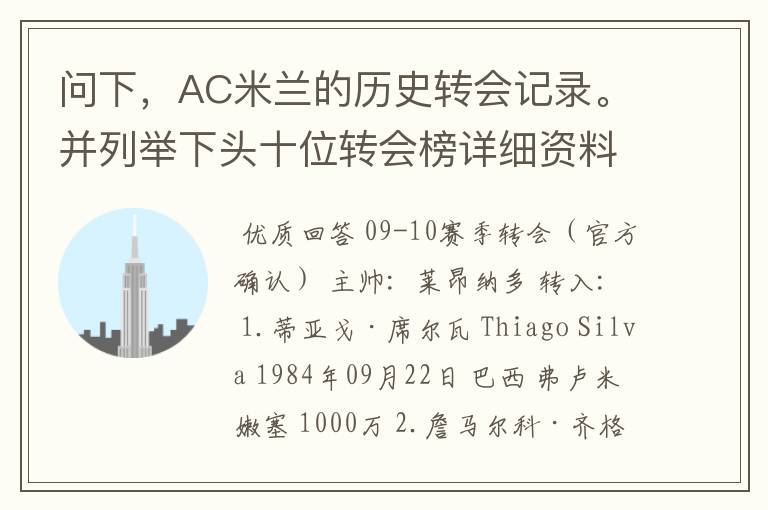 问下,AC米兰的历史转会记录。并列举下头十位转会榜详细资料。非常感谢。