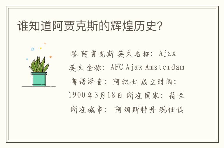 谁知道阿贾克斯的辉煌历史?