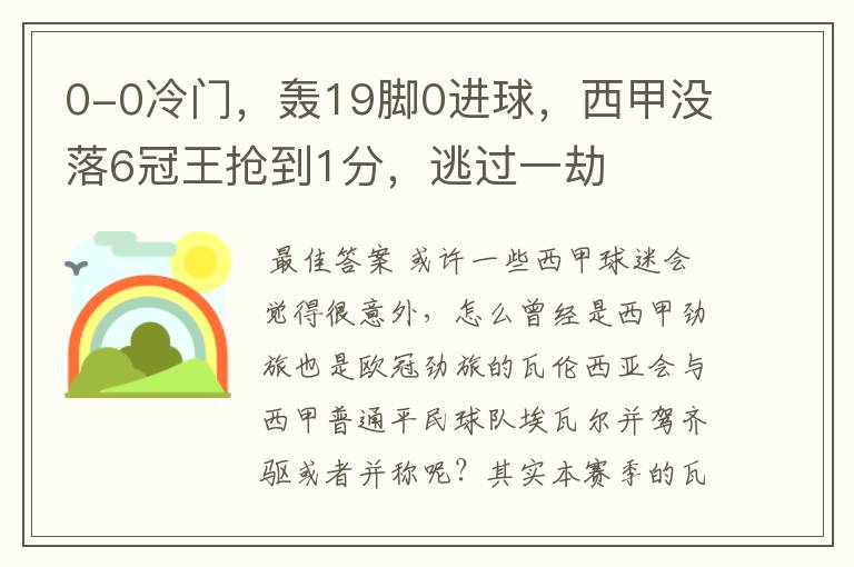 0-0冷门,轰19脚0进球,西甲没落6冠王抢到1分,逃过一劫