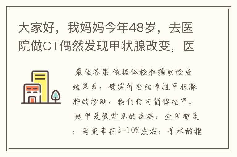 大家好,我妈妈今年48岁,去医院做CT偶然发现甲状腺改变,医生建议进一步检查,随后挂号内分泌科,医生要