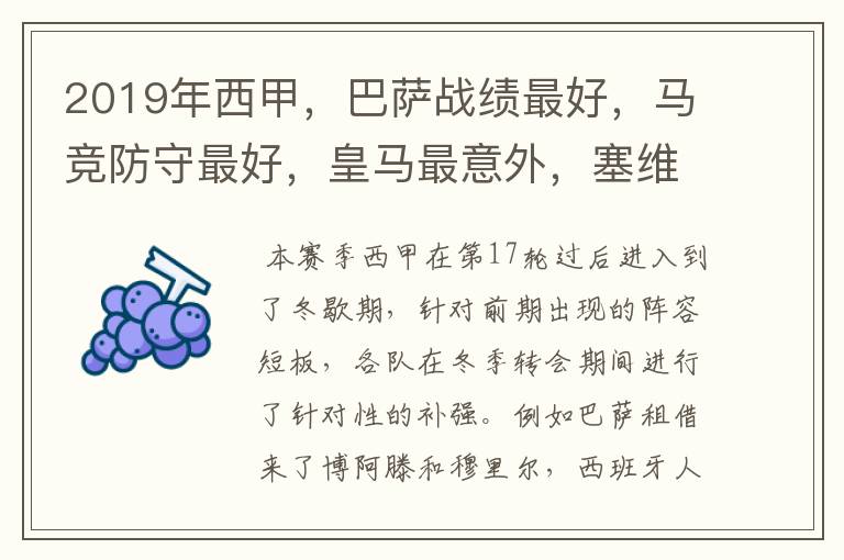 2019年西甲,巴萨战绩最好,马竞防守最好,皇马最意外,塞维最惨