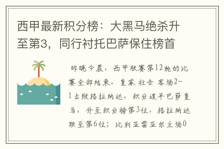 西甲最新积分榜:大黑马绝杀升至第3,同行衬托巴萨保住榜首