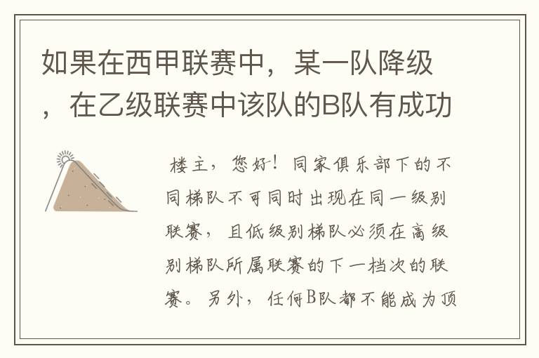 如果在西甲联赛中,某一队降级,在乙级联赛中该队的B队有成功升级,那么第二年的联赛将会怎么样呢?