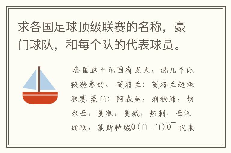 求各国足球顶级联赛的名称,豪门球队,和每个队的代表球员。