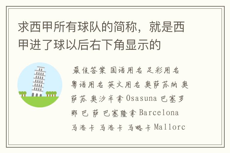 求西甲所有球队的简称,就是西甲进了球以后右下角显示的