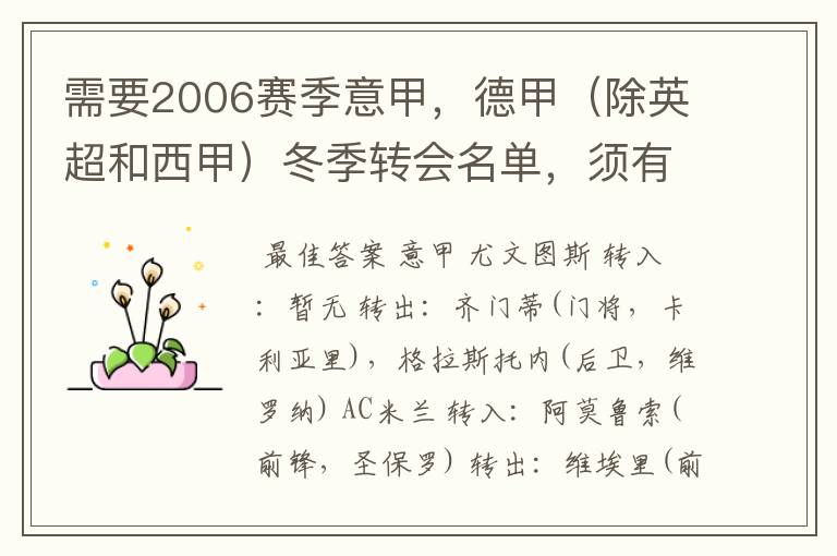 需要2006赛季意甲,德甲(除英超和西甲)冬季转会名单,须有转会方式