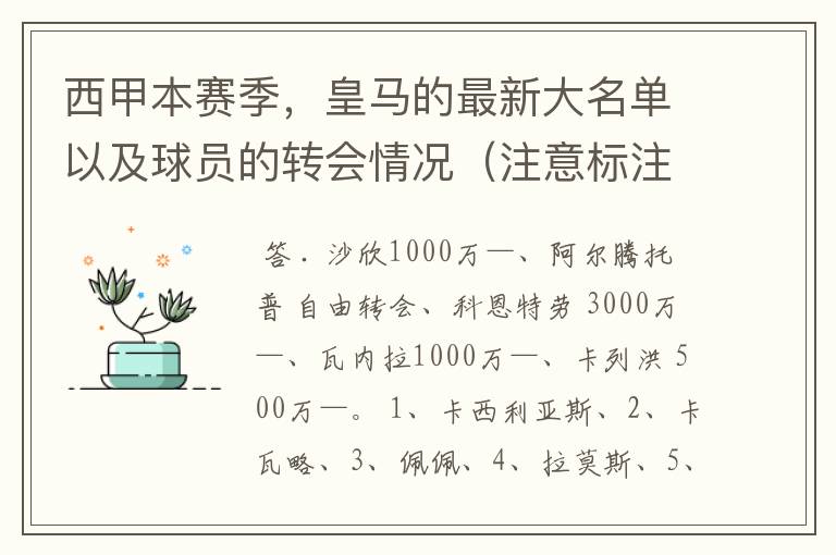 西甲本赛季,皇马的最新大名单以及球员的转会情况(注意标注球员身价)