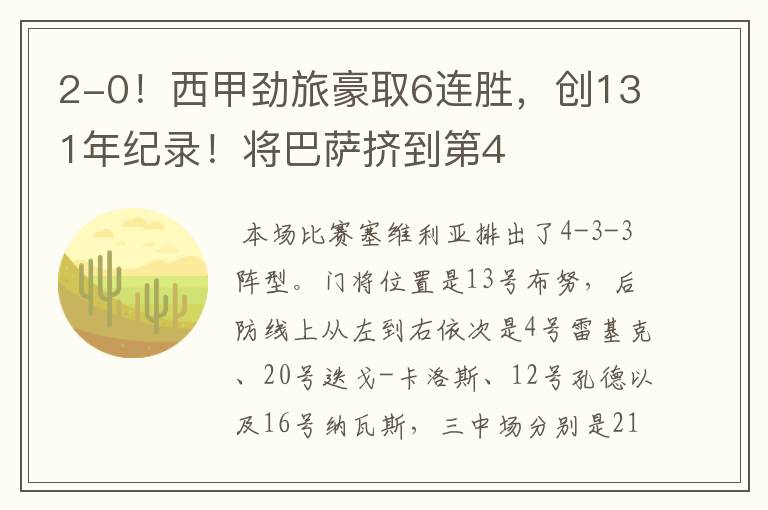2-0!西甲劲旅豪取6连胜,创131年纪录!将巴萨挤到第4