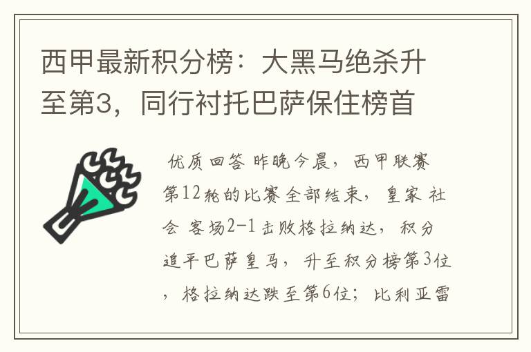 西甲最新积分榜:大黑马绝杀升至第3,同行衬托巴萨保住榜首