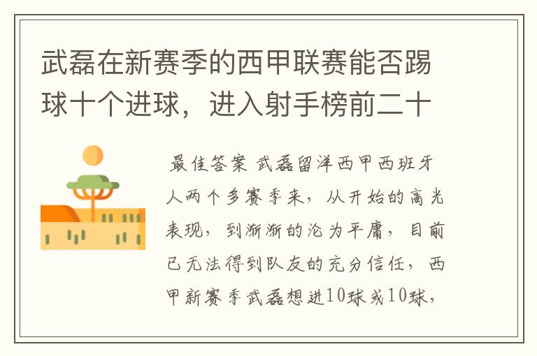 武磊在新赛季的西甲联赛能否踢球十个进球,进入射手榜前二十?