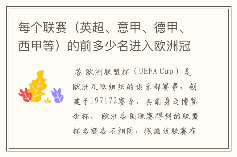每个联赛(英超、意甲、德甲、西甲等)的前多少名进入欧洲冠军杯?多少名进入欧洲联盟杯?