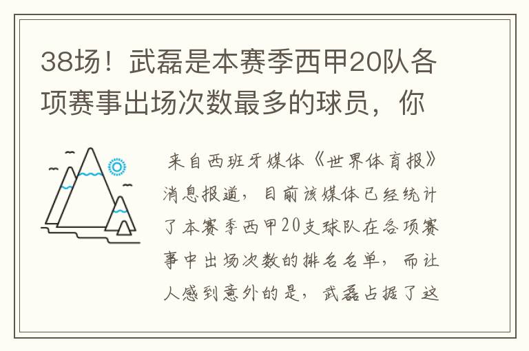 38场!武磊是本赛季西甲20队各项赛事出场次数最多的球员,你怎么看?