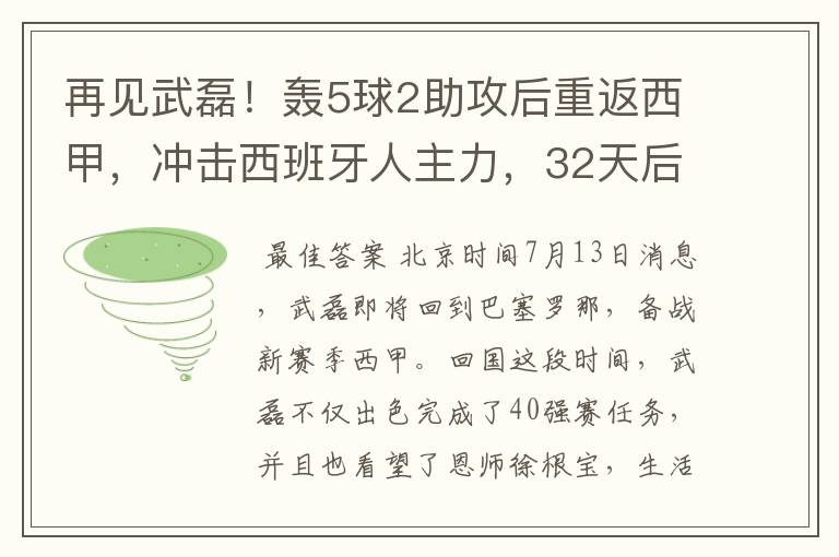 再见武磊!轰5球2助攻后重返西甲,冲击西班牙人主力,32天后首秀