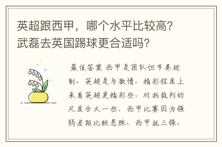 英超跟西甲,哪个水平比较高?武磊去英国踢球更合适吗?