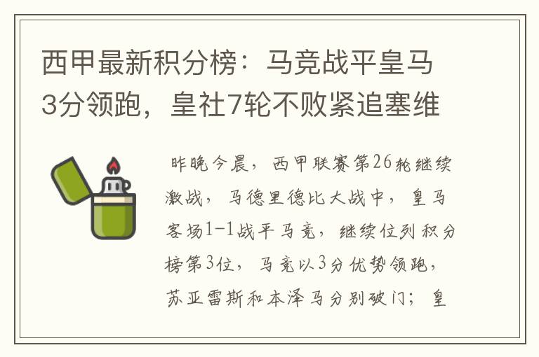西甲最新积分榜:马竞战平皇马3分领跑,皇社7轮不败紧追塞维