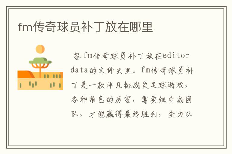 fm传奇球员补丁放在哪里