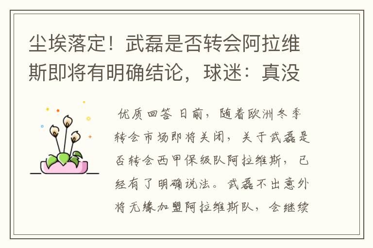 尘埃落定!武磊是否转会阿拉维斯即将有明确结论,球迷:真没想到