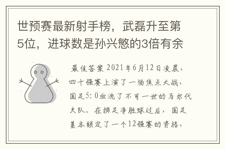 世预赛最新射手榜,武磊升至第5位,进球数是孙兴慜的3倍有余