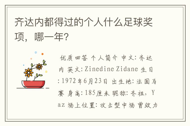 齐达内都得过的个人什么足球奖项,哪一年?